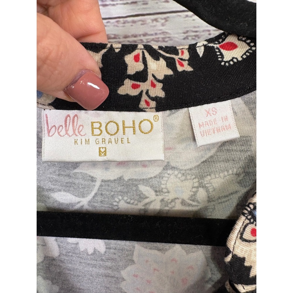Belle Boho Kim Gravel Black Floral Paisley Split Neck Long Sleeve Top XS - Picture 3 of 10